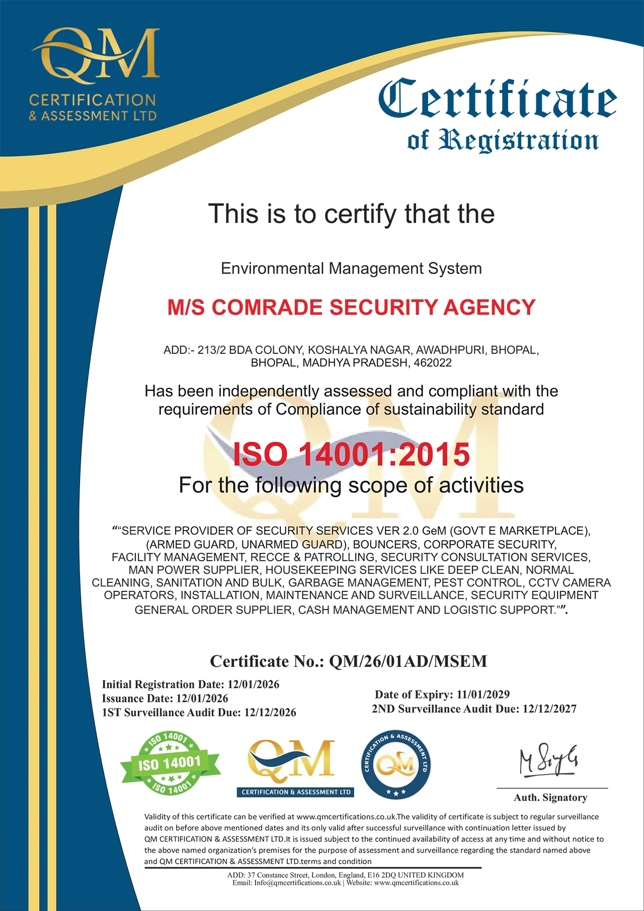 ISO 14001:2015 Environmental Management System certificate